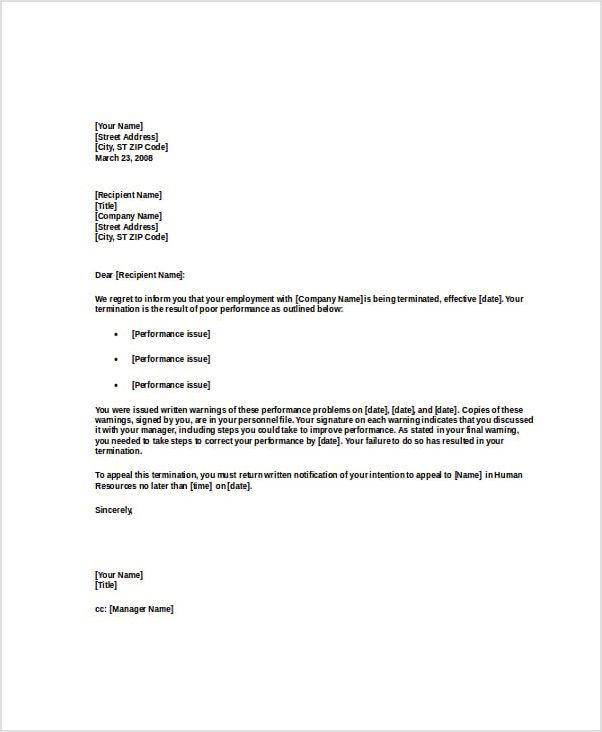 poor performance termination letter template