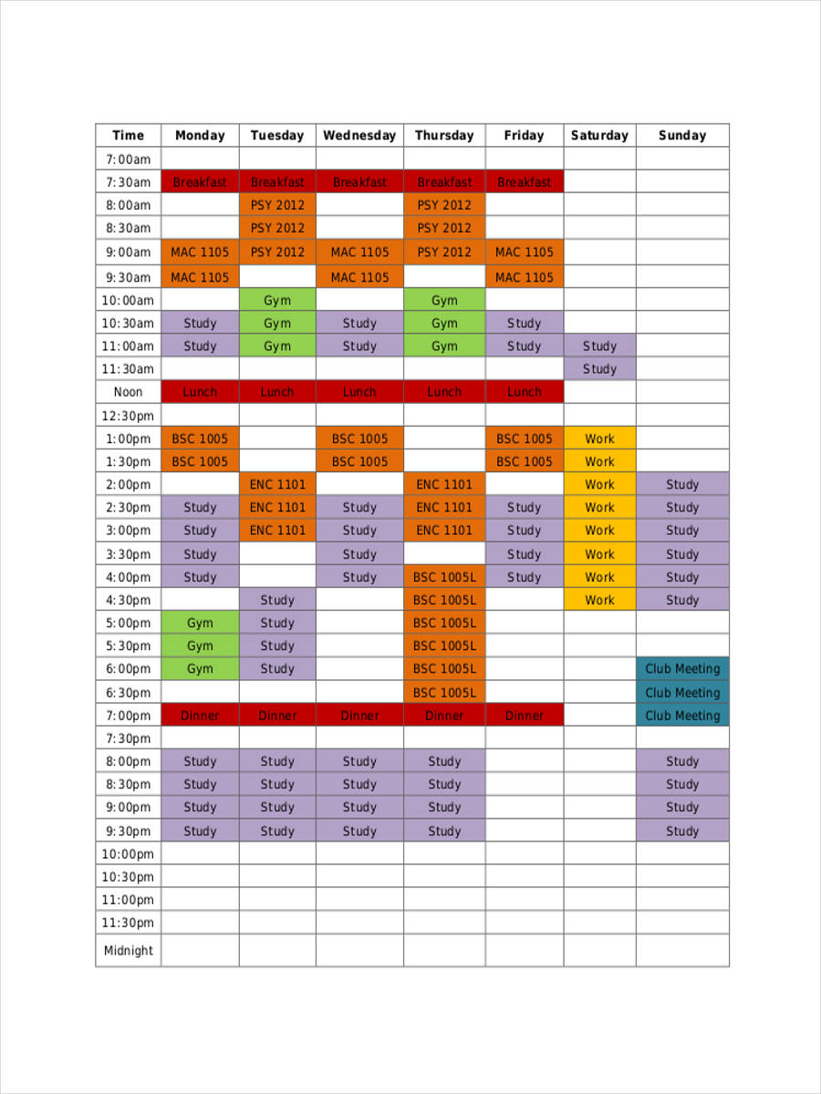 printable student schedule template