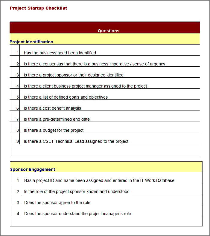 project checklist template sample