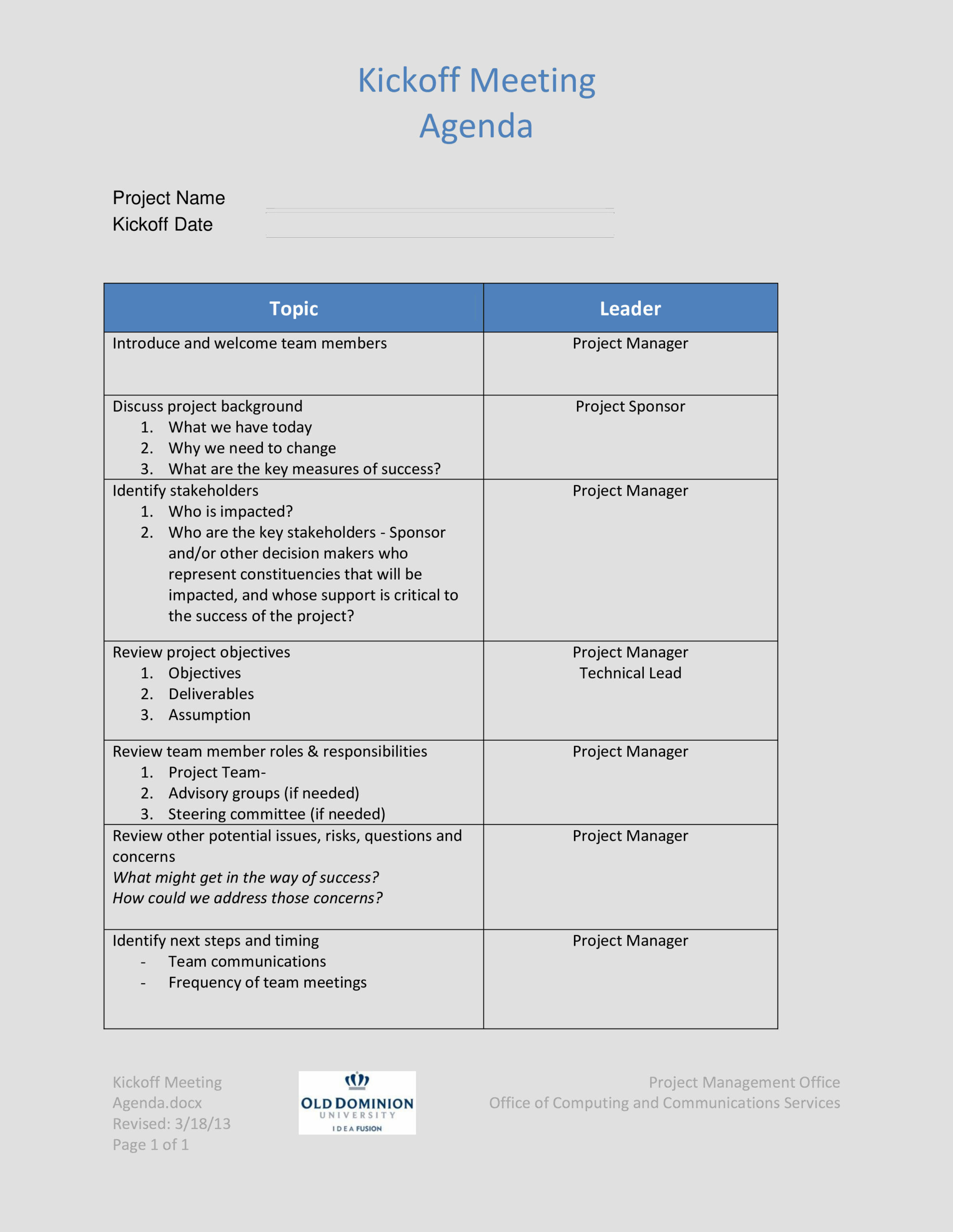 project kickoff meeting agenda template example