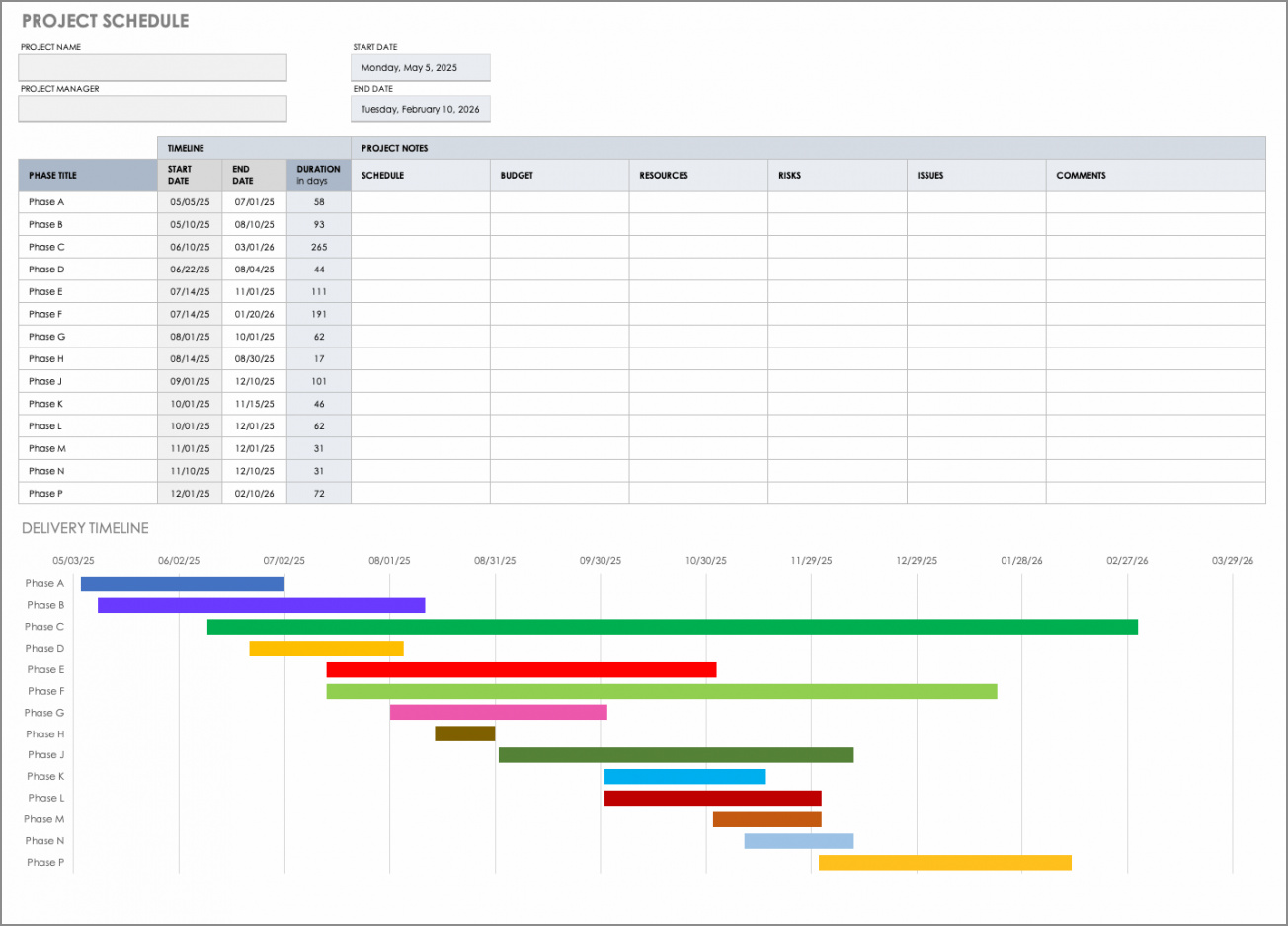project manager schedule template