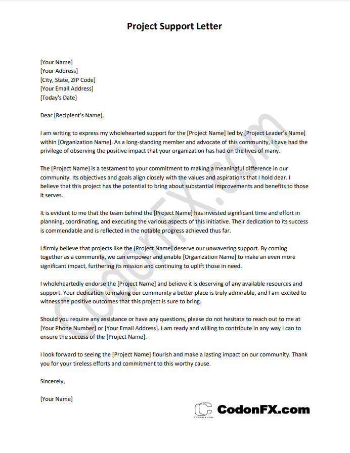 project support letter template Boost your project's success with a professional project support letter. Get a free template to endorse and secure backing for your initiatives. Try it now!