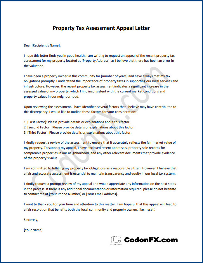 Property Tax Assessment Appeal Letter Template
