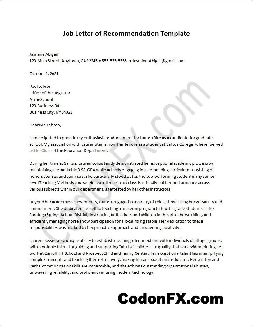 Optimized layout and structure of a recommendation letter for graduate school template for better readability