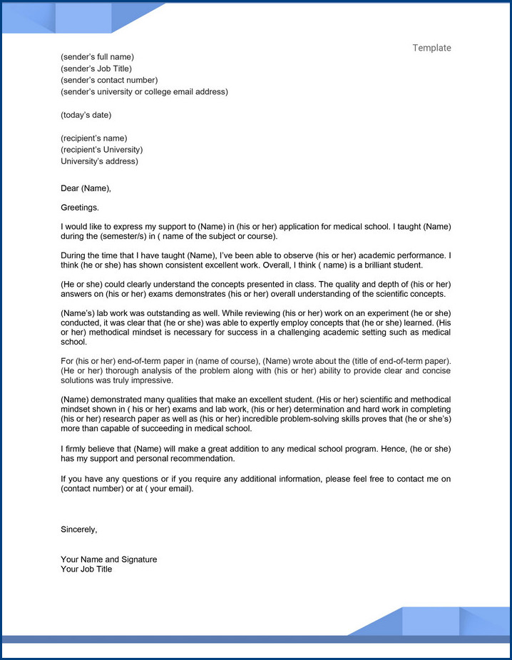 recommendation letter template for medical school sample