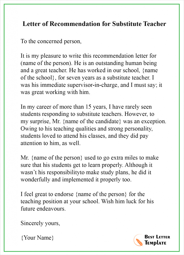 recommendation letter template for substitute teacher sample