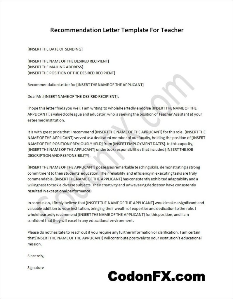 Recommendation Letter Template For Teacher