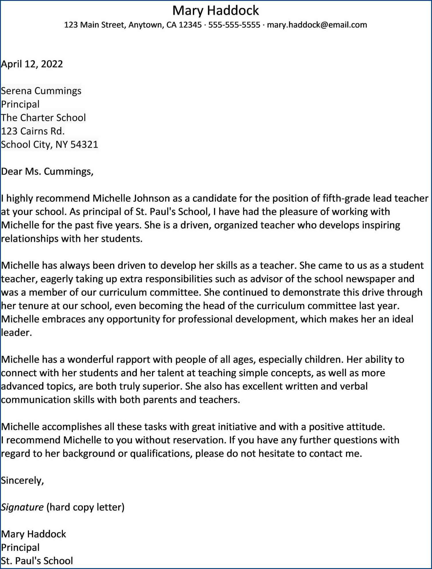 recommendation letter template for teacher sample
