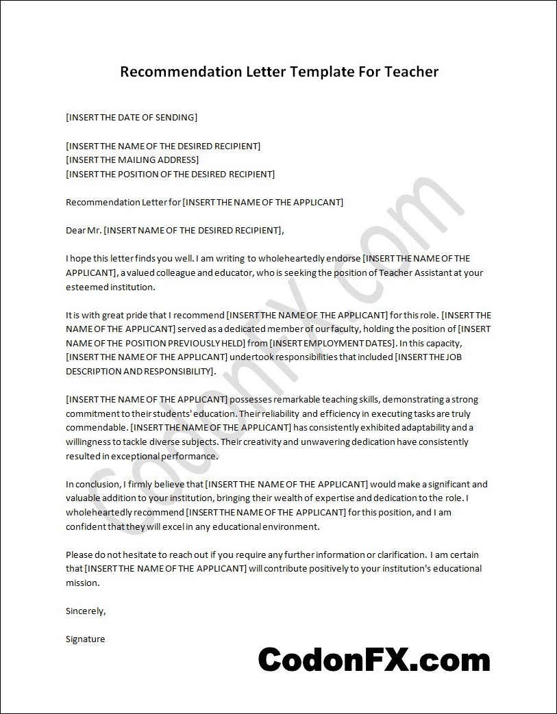 Editable recommendation letter template for a teacher with customizable sections