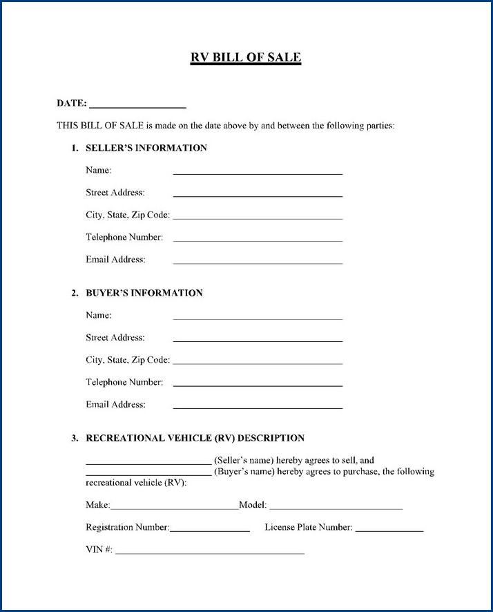 recreational vehicle bill of sale template example