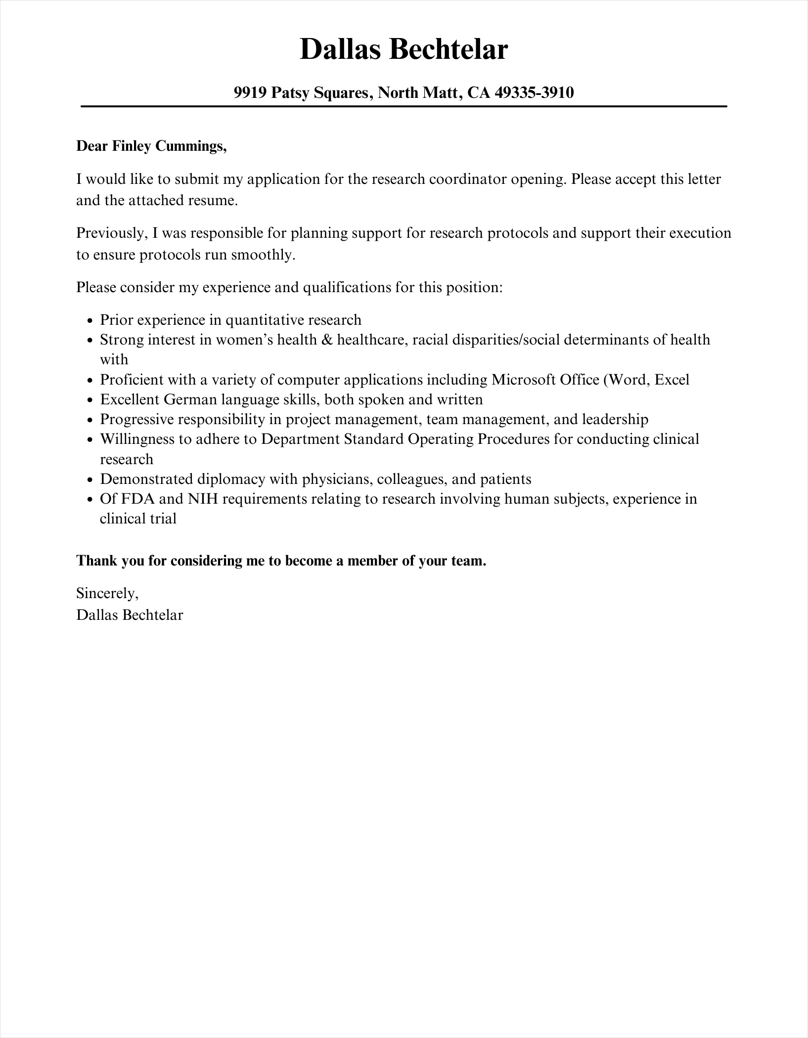 research coordinator cover letter template sample