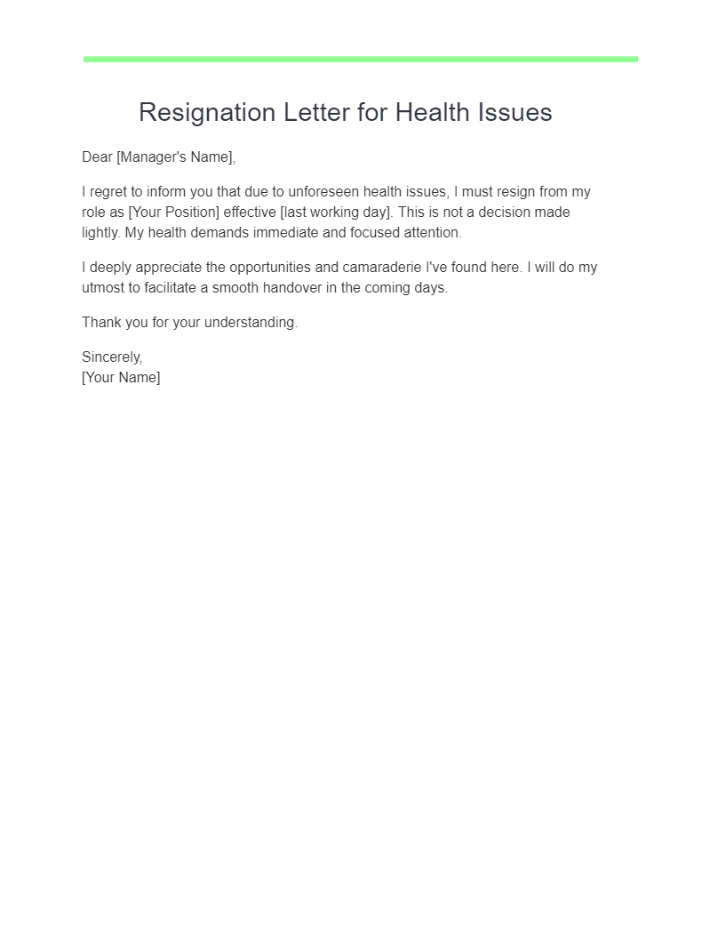 resignation letter template due to health and stress sample
