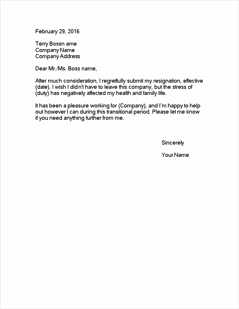 resignation letter template due to health and stress