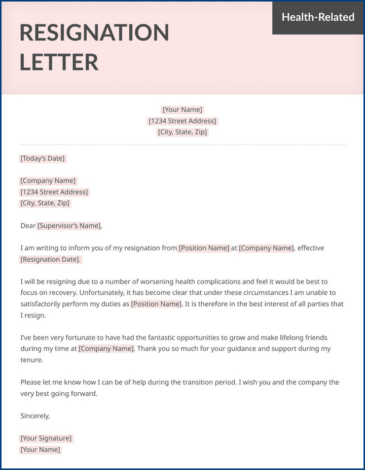 resignation letter template due to health example