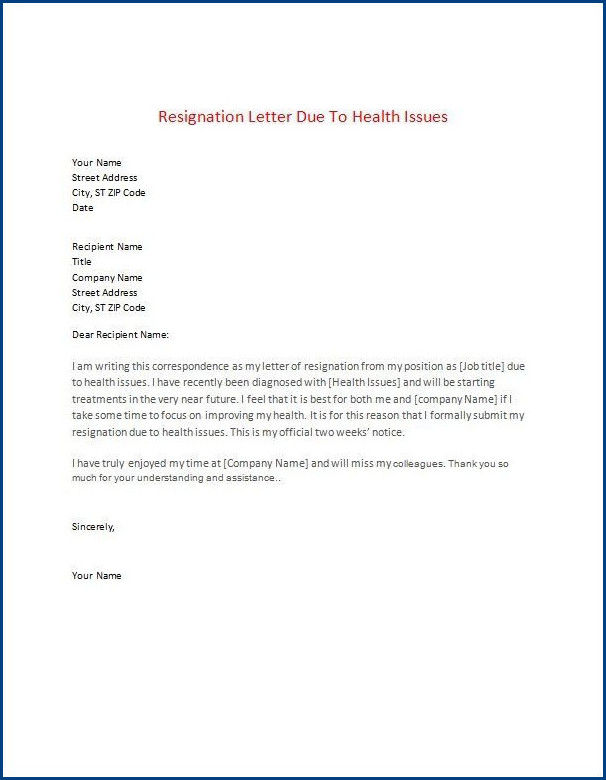 resignation letter template due to health sample