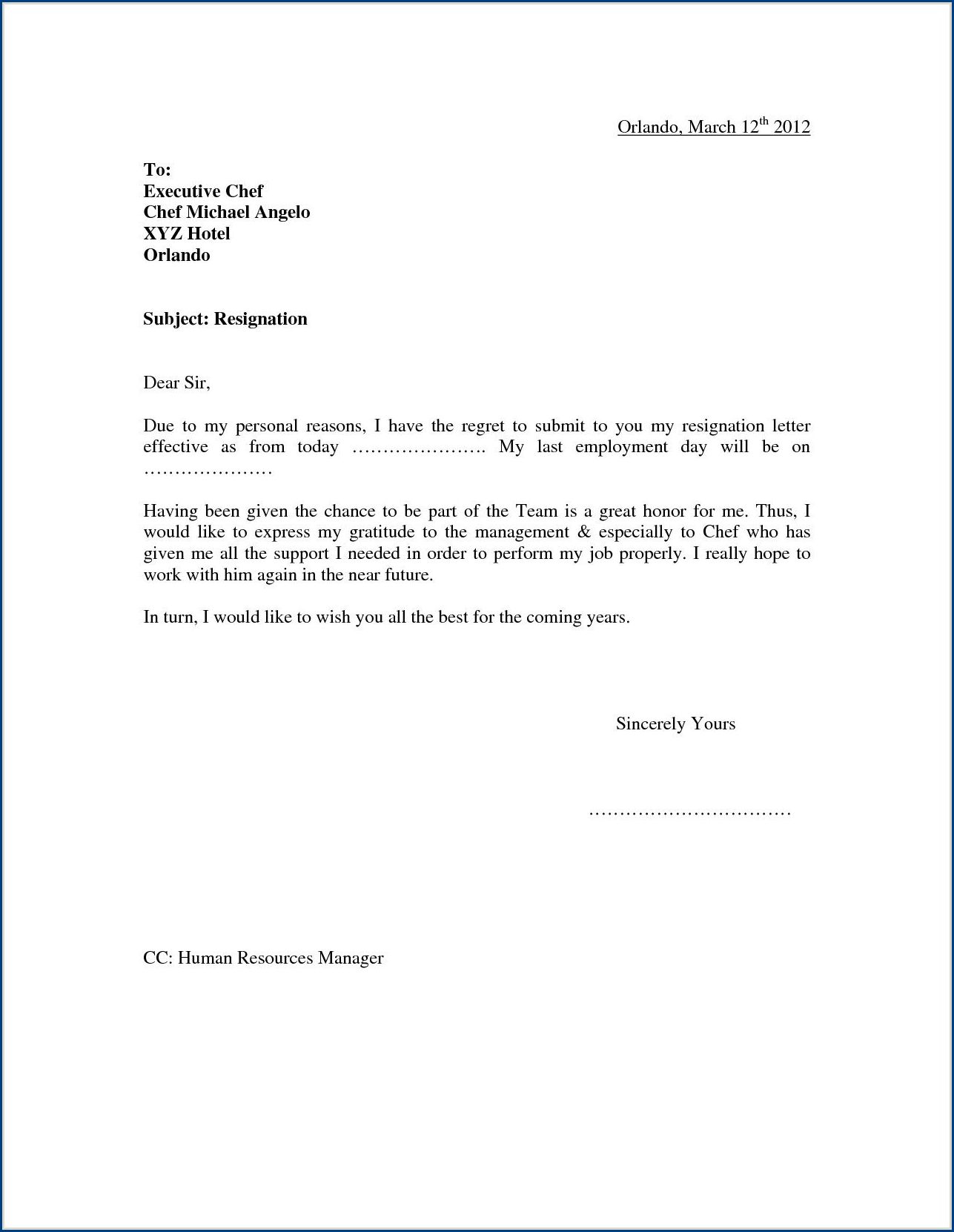 resignation letter template for personal reasons example