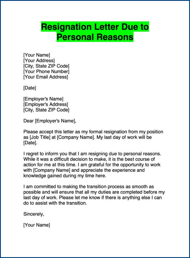 resignation letter template for personal reasons sample