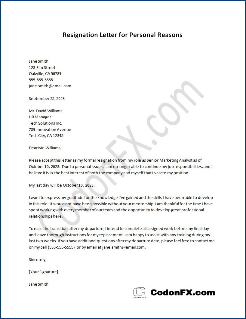 Free printable resignation letter for personal reasons template with customizable sections