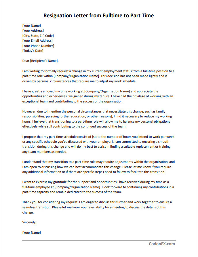 resignation letter template from fulltime to part time Printable resignation letter from full-time to part-time template available in Word for easy editing