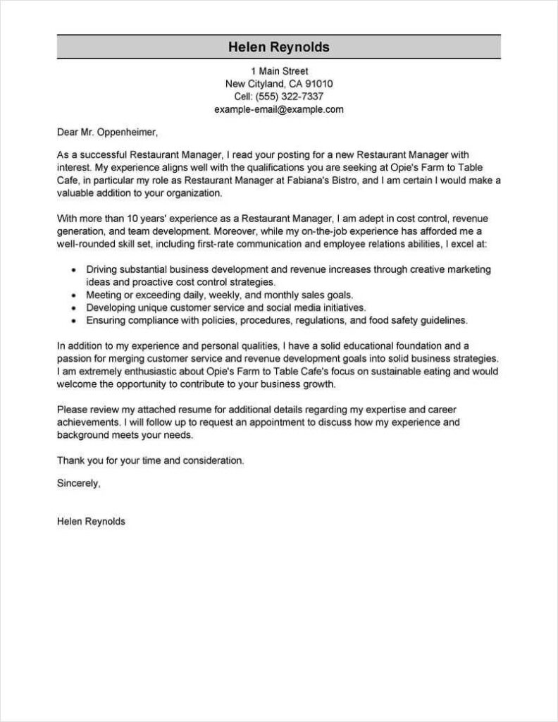 Printable Restaurant Management Cover Letter Template