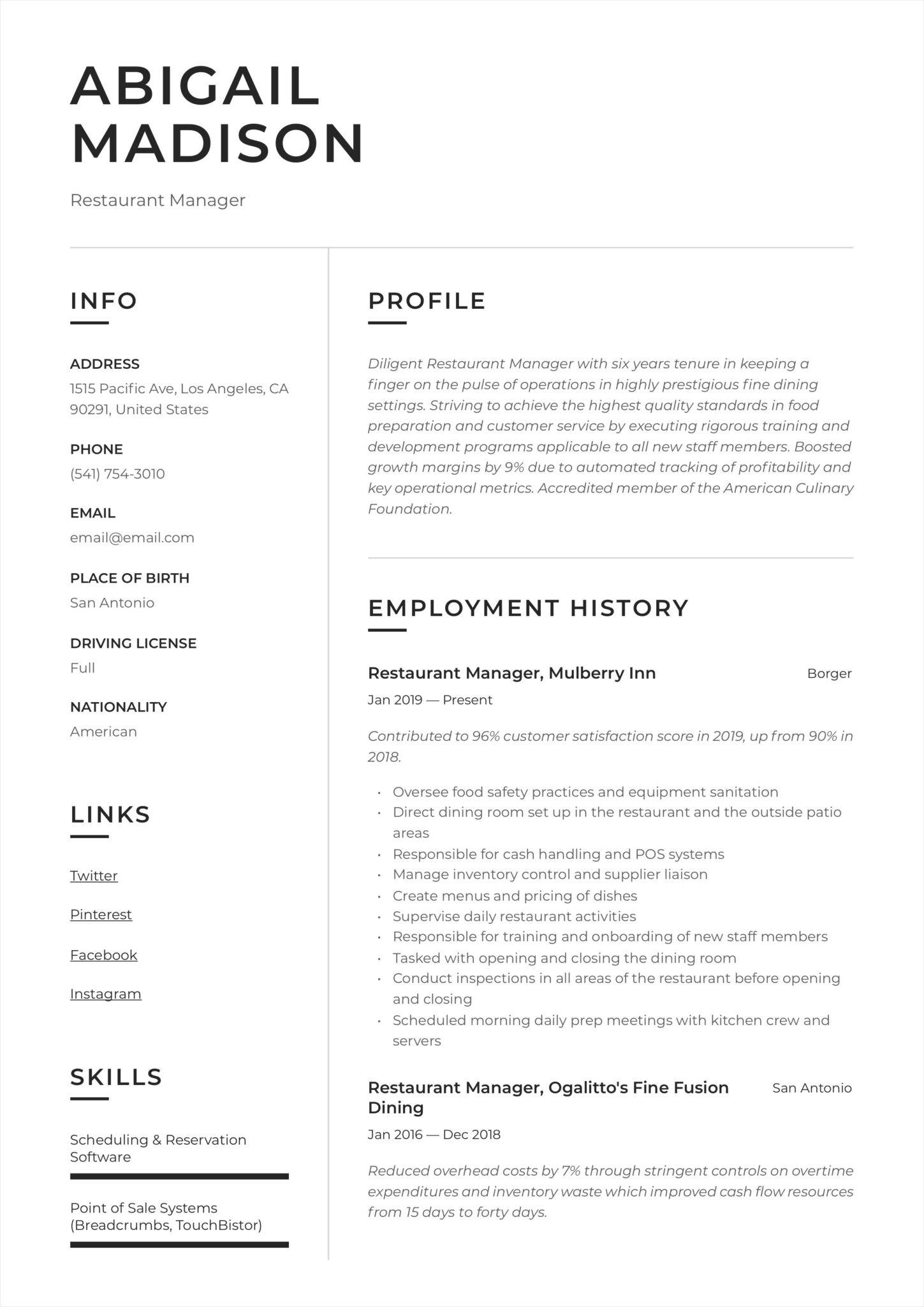 Free Printable Restaurant Resume - Restaurant Resume Template Example 1449x2048  restaurant resume templates