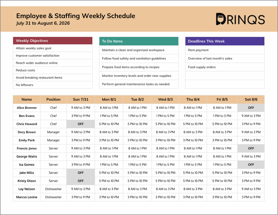 restaurant schedule template sample