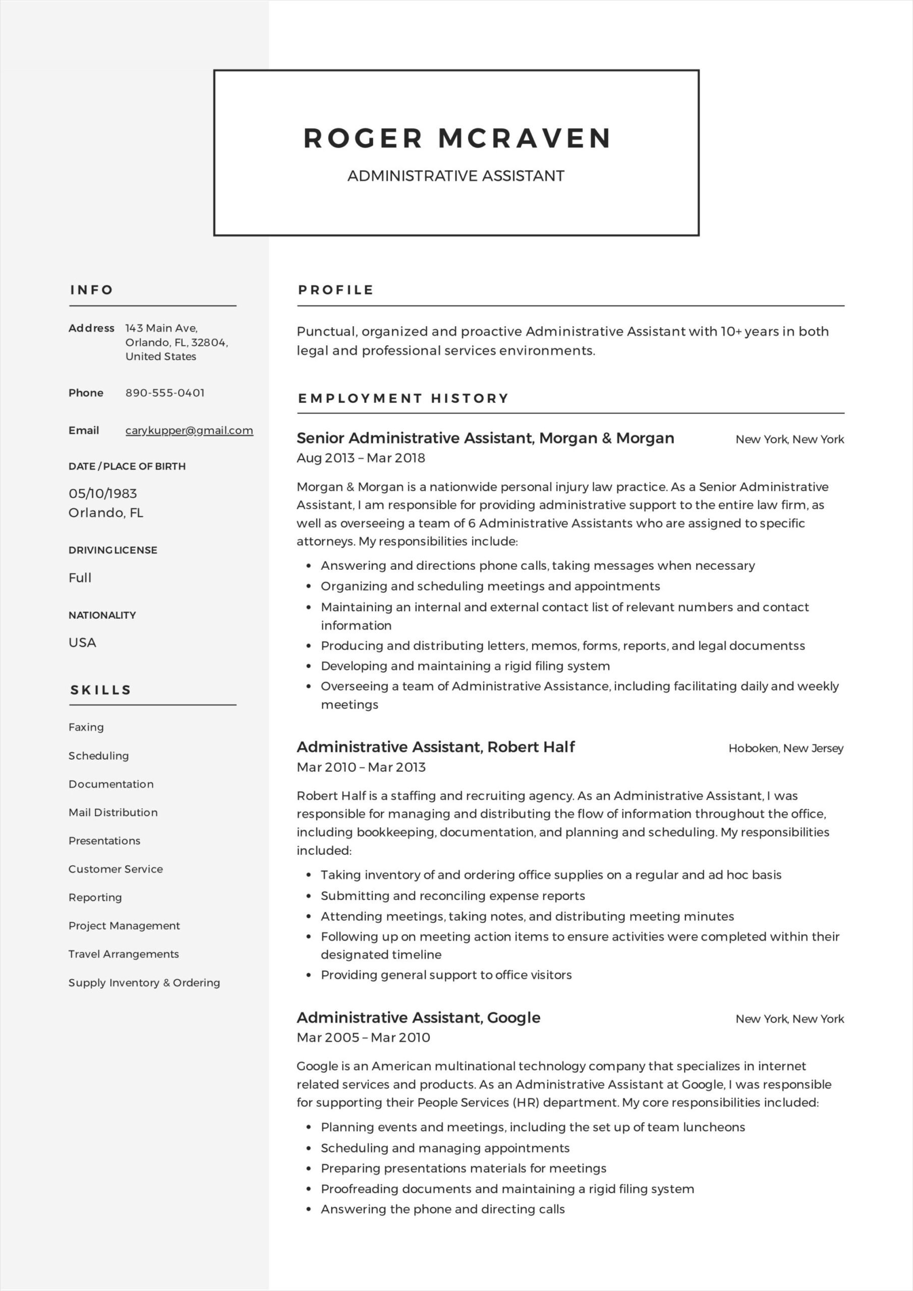 resume template for administrative assistant
