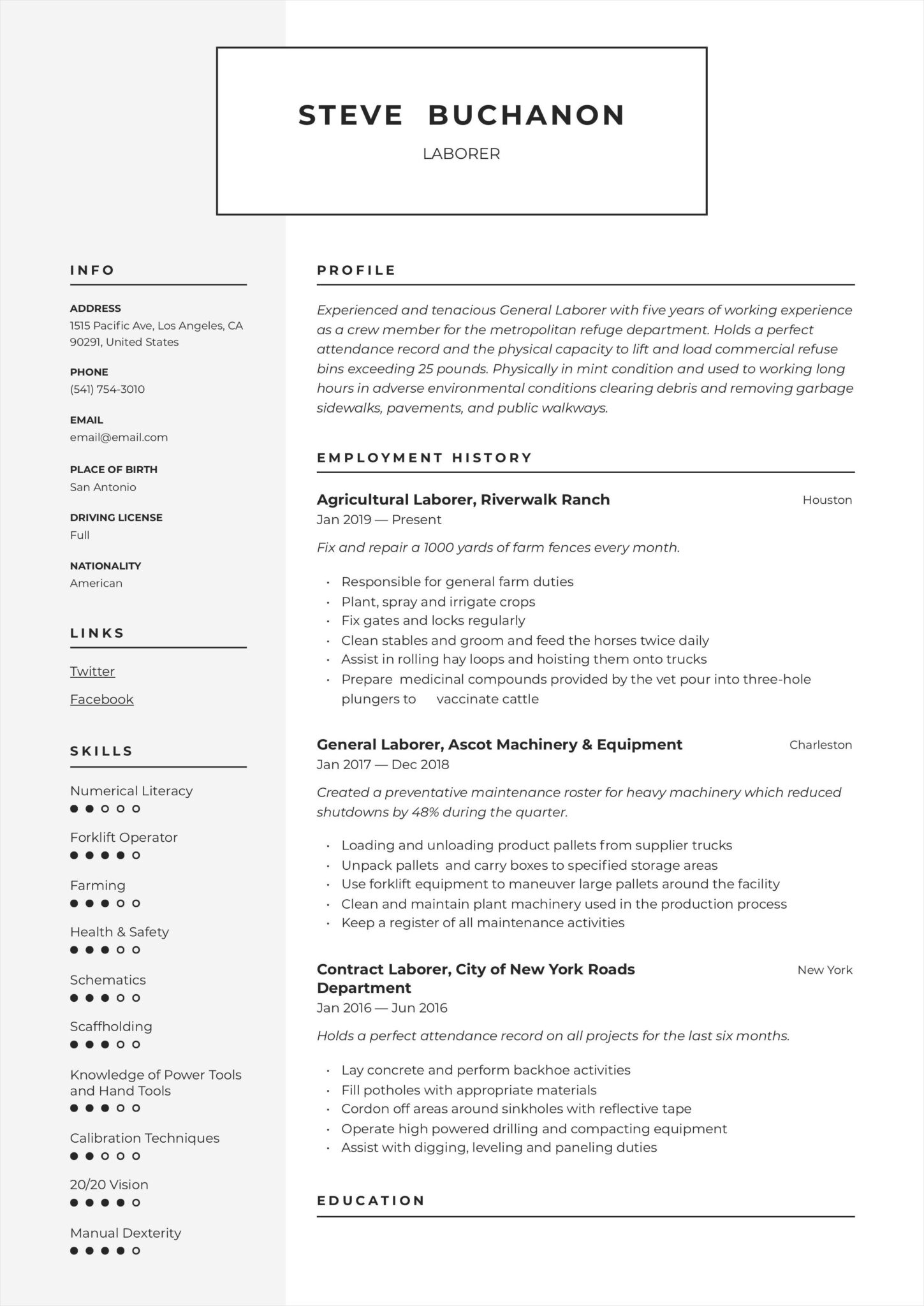 Free Printable Resume Template For General Labor