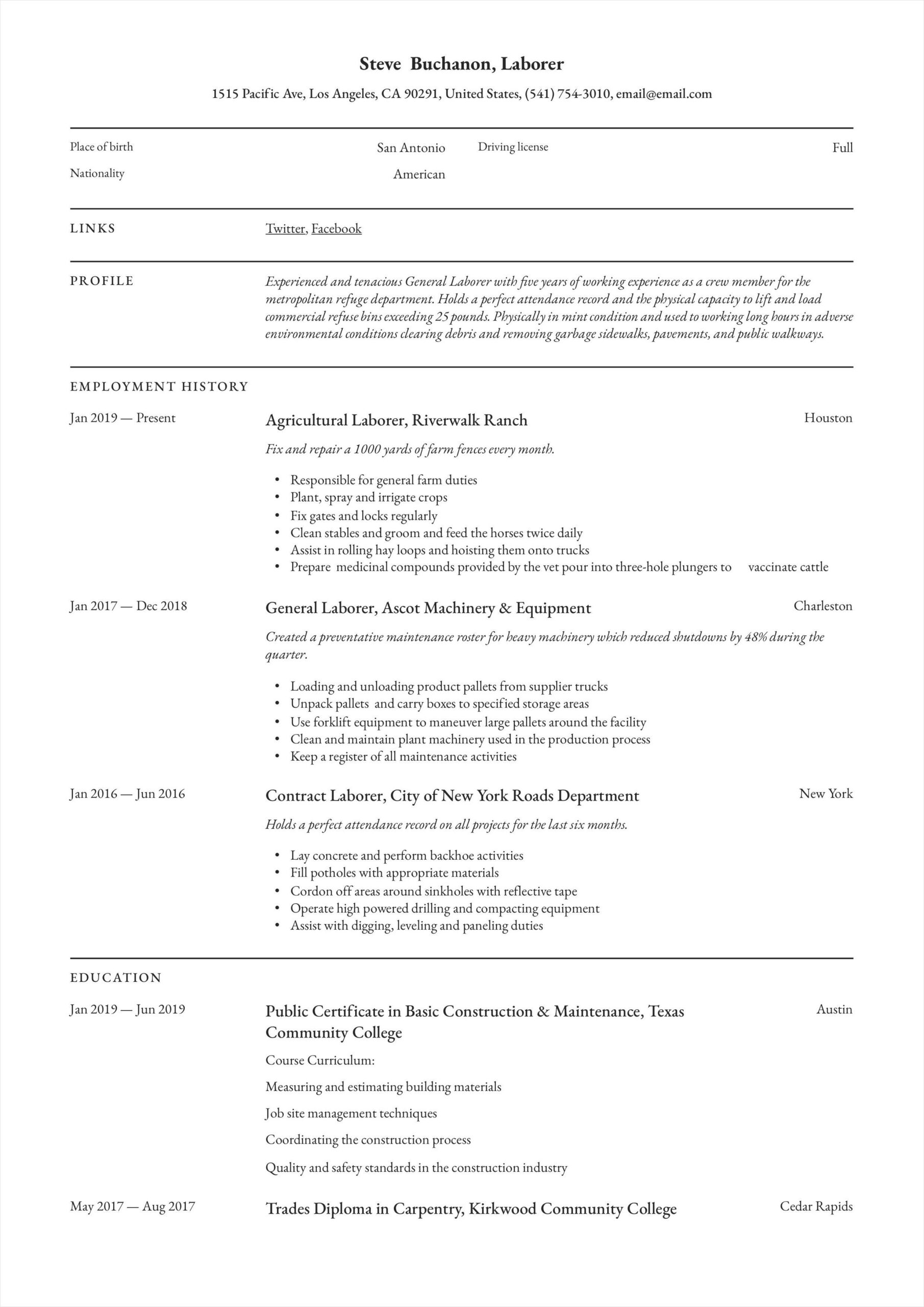 resume template for general labor sample