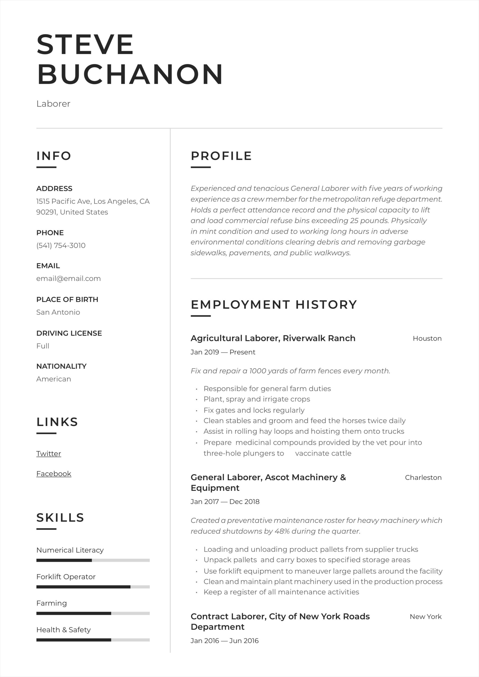 resume template for general labor