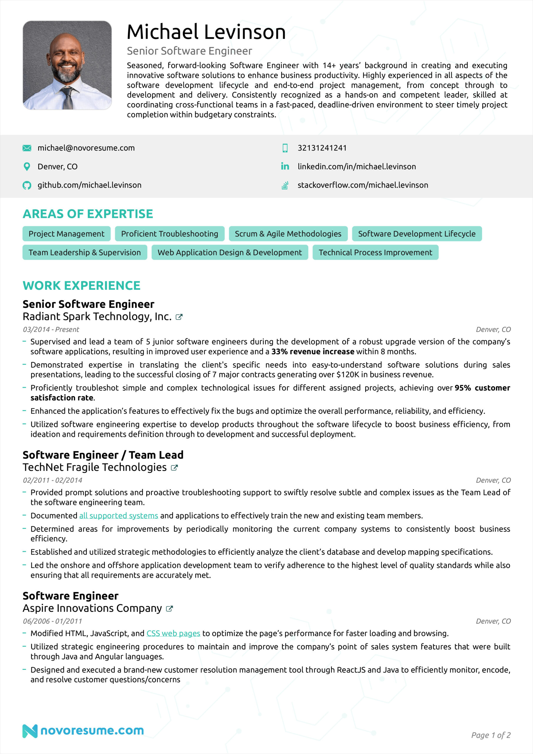 resume template for software developer example