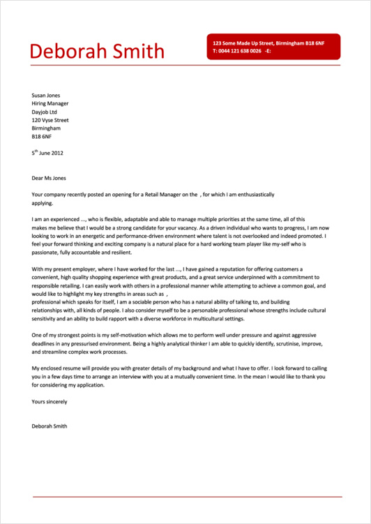 retail management cover letter template example