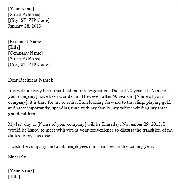 retirement resignation letter template example