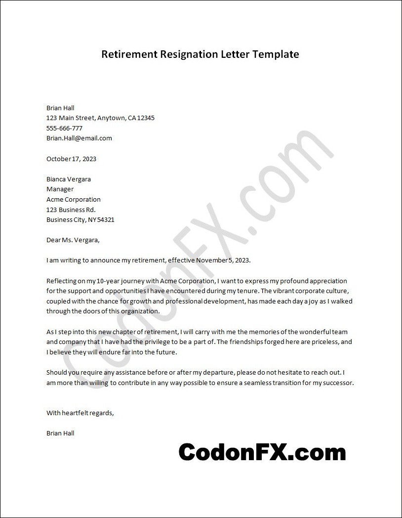 Downloadable retirement resignation letter template available in Word for easy editing