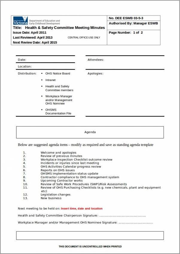 safety committee meeting agenda template sample