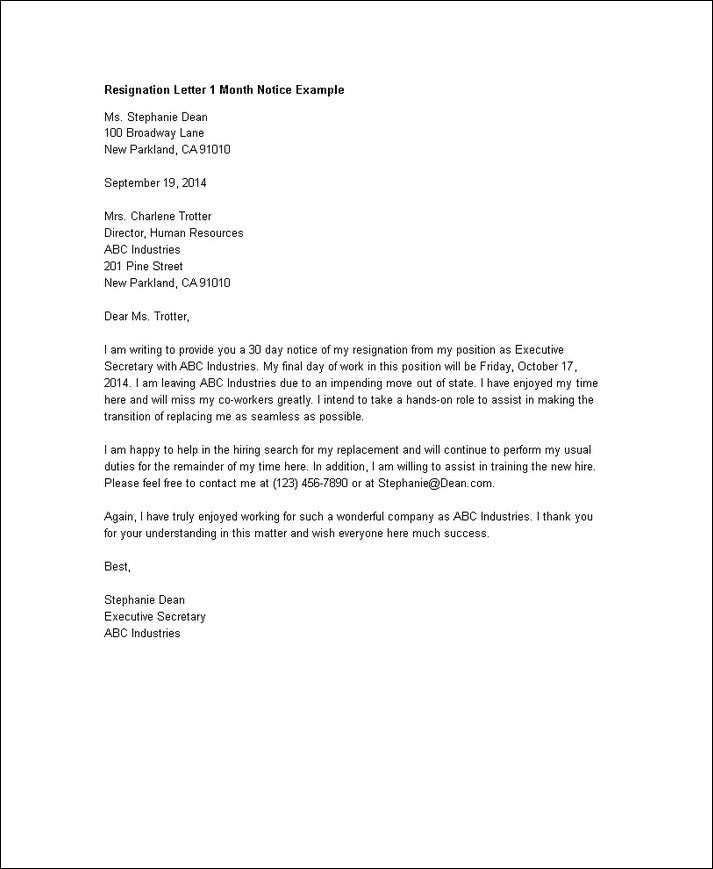 sample of 1 month notice resignation letter template