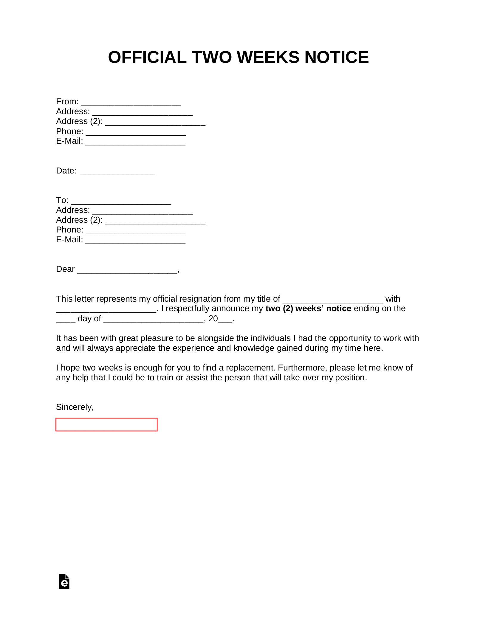 sample of 1 week notice resignation letter template