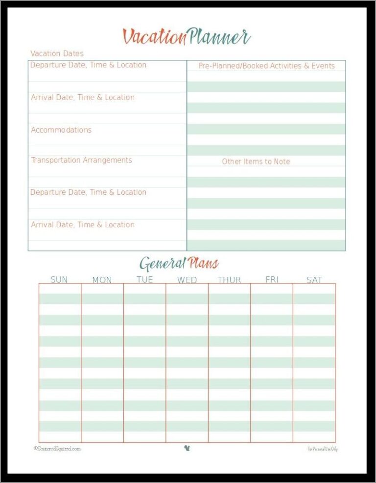 Printable 10-Day Vacation Itinerary Template