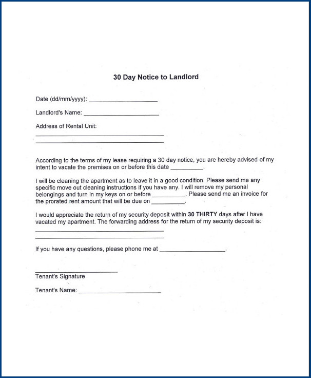 sample of 30 day notice letter template to tenant to move out