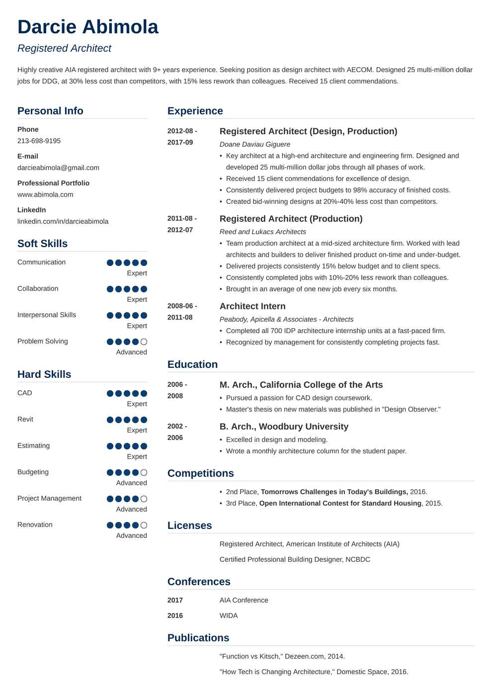 sample of architecture resume template