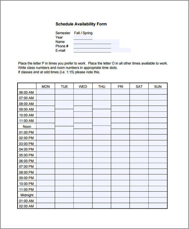 sample of availability schedule template