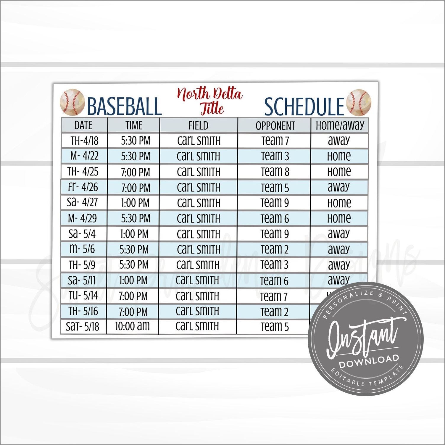 sample of baseball schedule template
