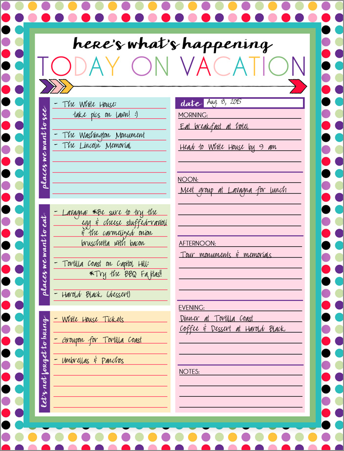 sample of beach vacation itinerary template
