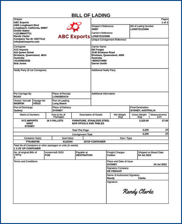 sample of bill of lading template
