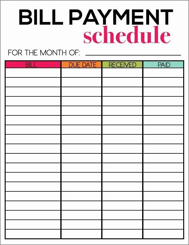 sample of bill pay schedule template