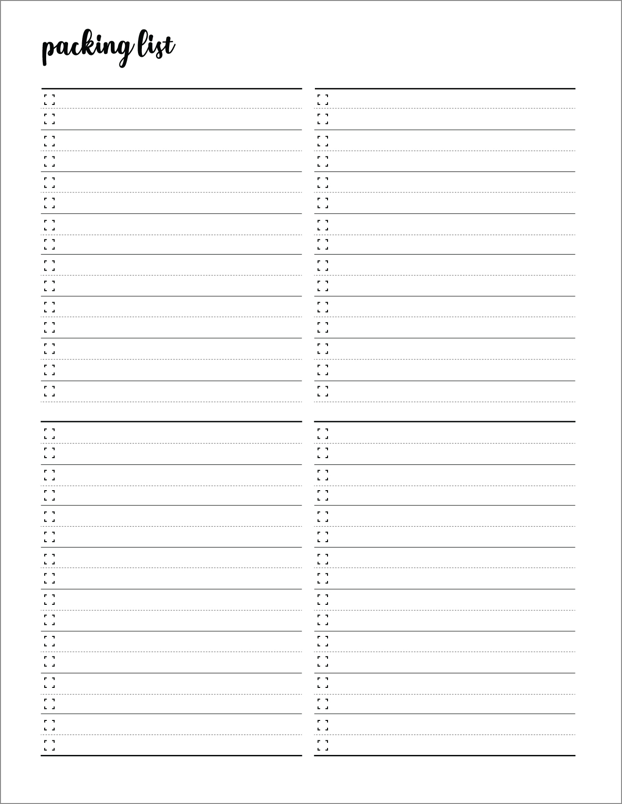 sample of blank vacation packing list template