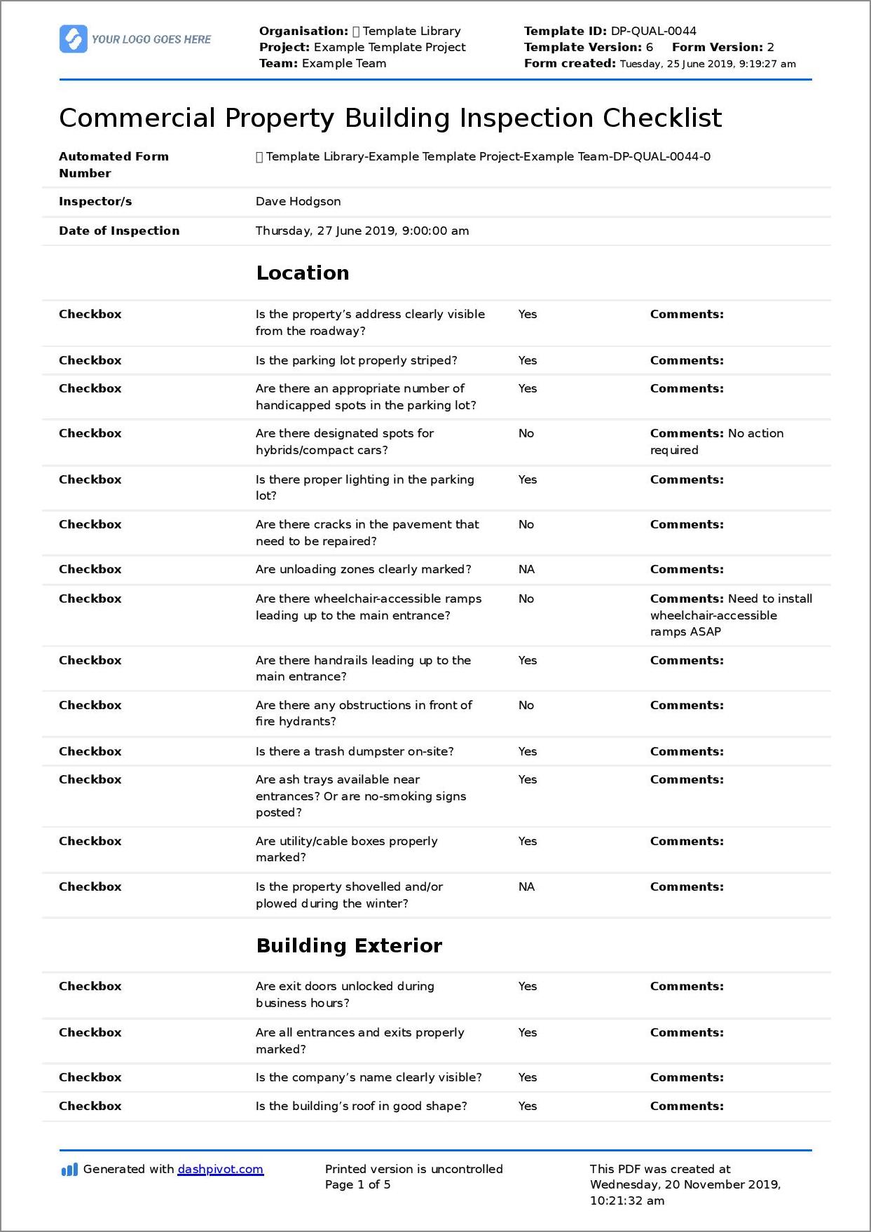 sample of building checklist template
