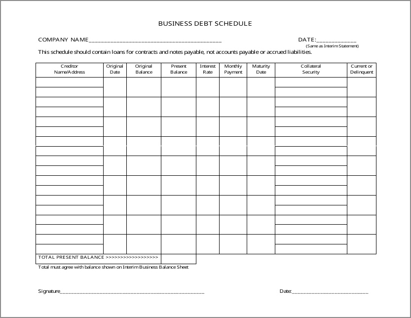 sample of business debt schedule template