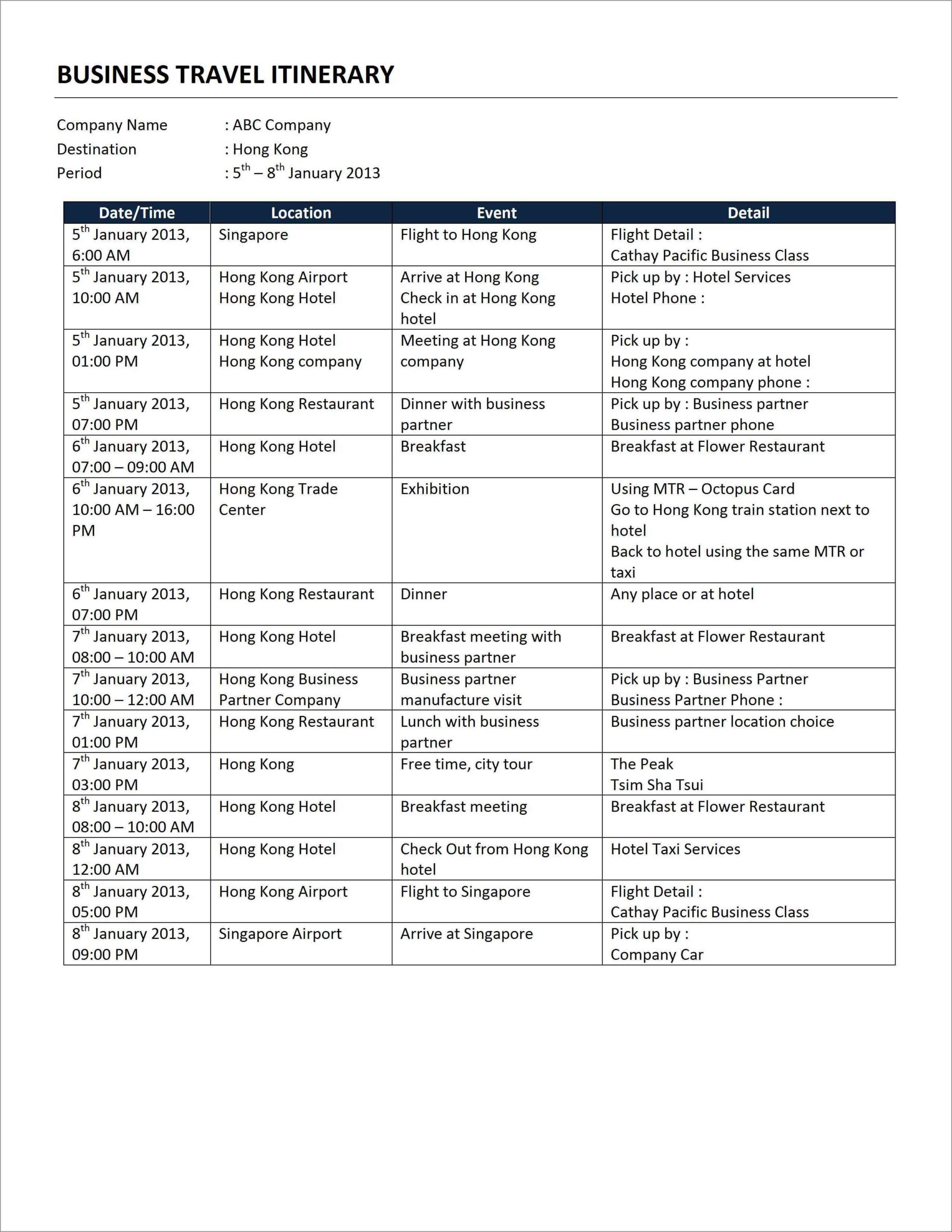 sample of business travel itinerary template