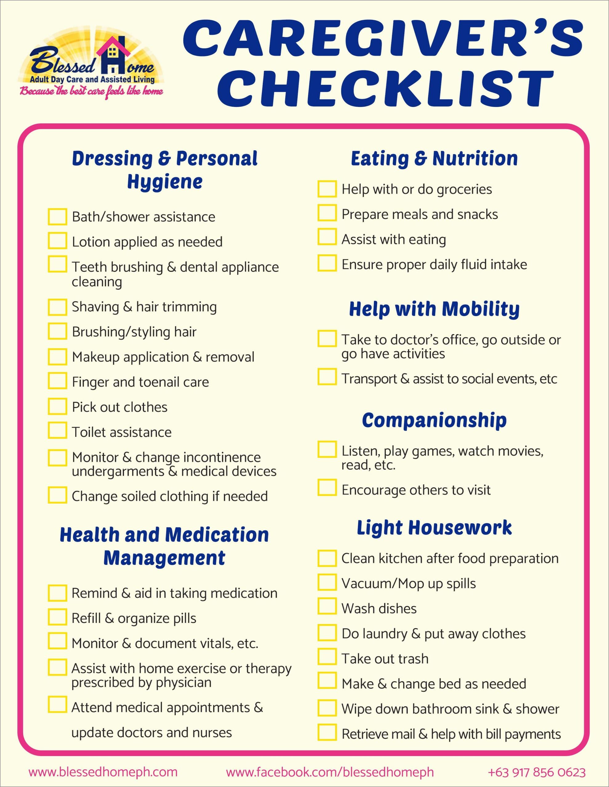 sample of caregiver daily checklist template
